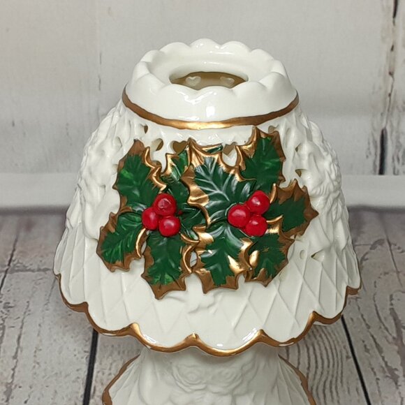 Poinsettia Christmas Tea Light Candle Holder 2pc Gold Red Green Ceramic 7" - Picture 5 of 11